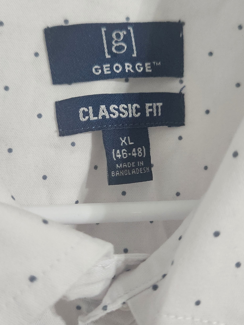 George White Button-Down Shirt with Navy Polka Dots